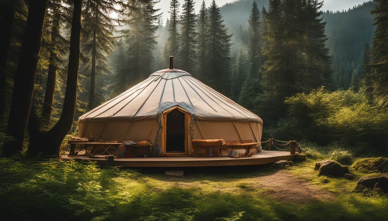A cozy yurt in a tranquil forest clearing surrounded by lush greenery.