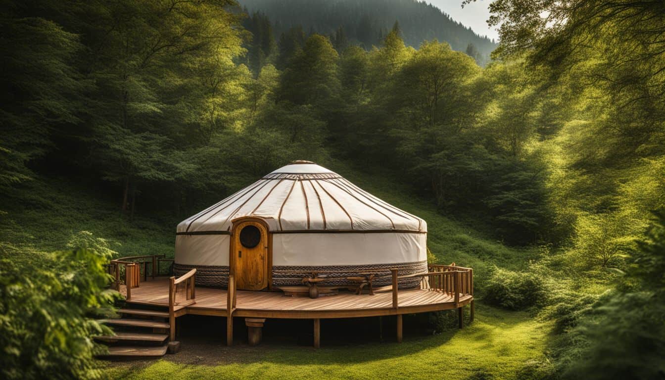 A traditional yurt surrounded by lush greenery in a bustling atmosphere.