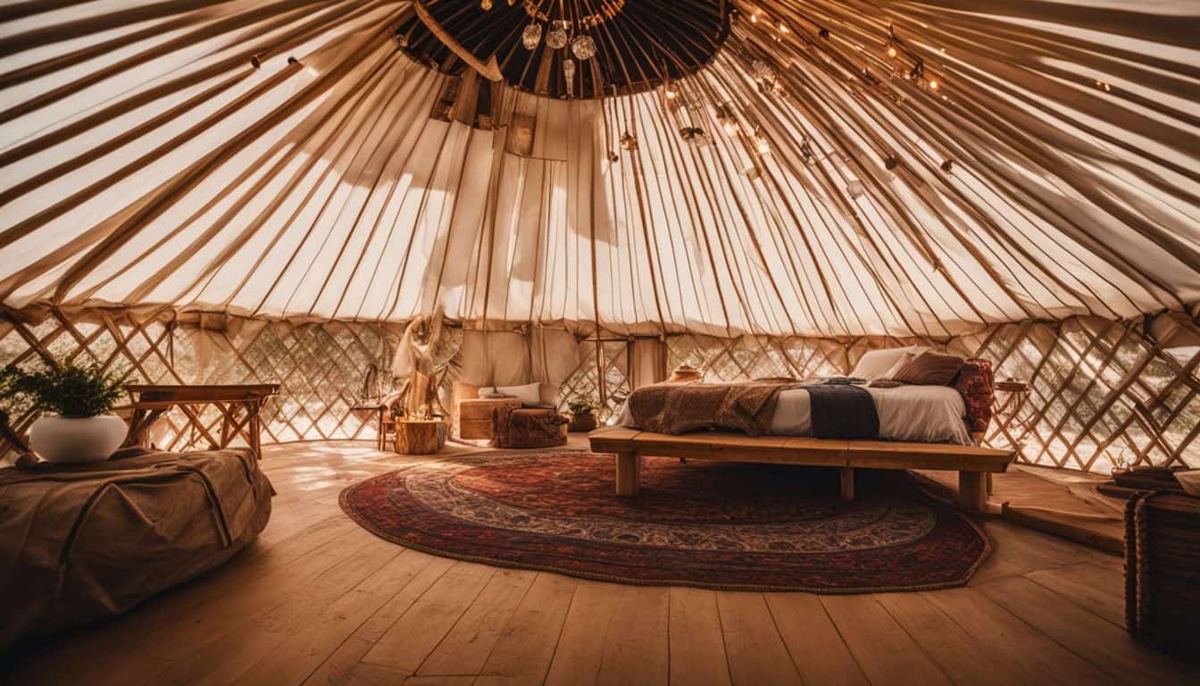 A well-maintained yurt in a serene natural environment with people.