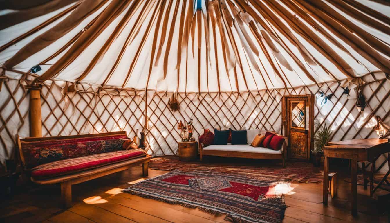 The interior of a yurt with diverse people and cozy atmosphere.