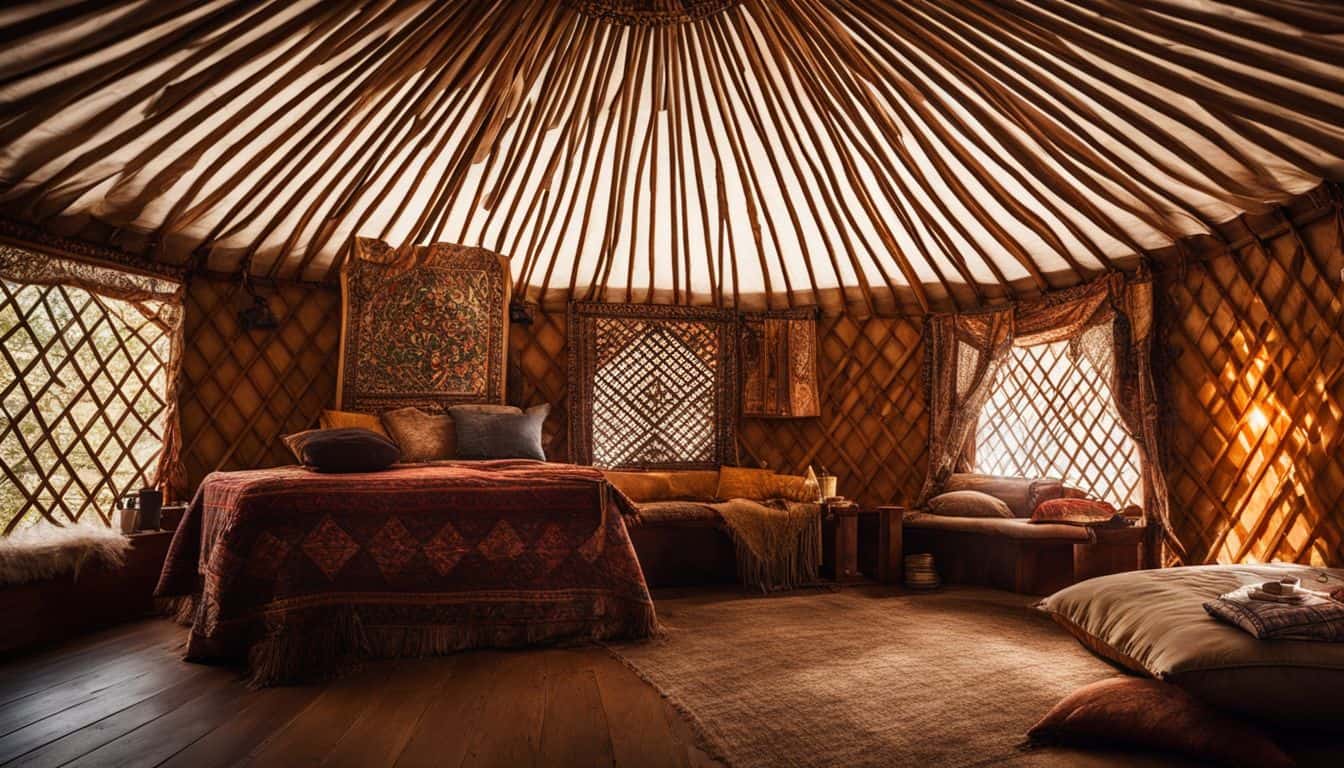 A photo of a traditional yurt interior with diverse people.