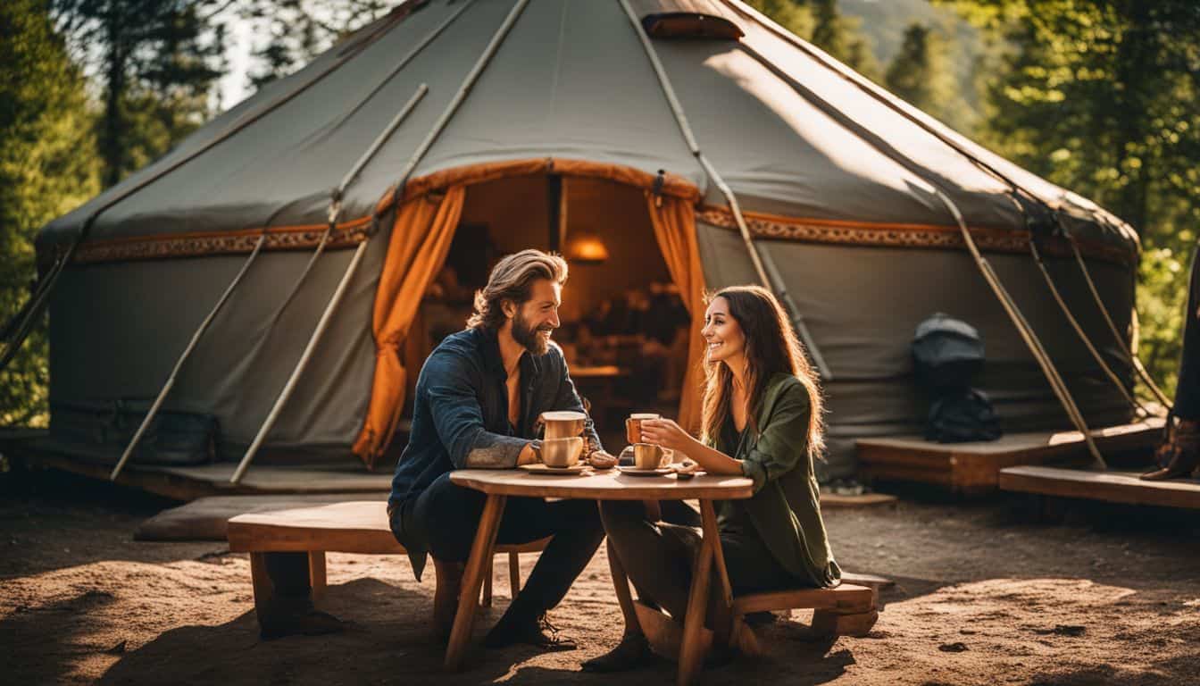 A couple enjoying morning coffee outside their yurt in lush surroundings.