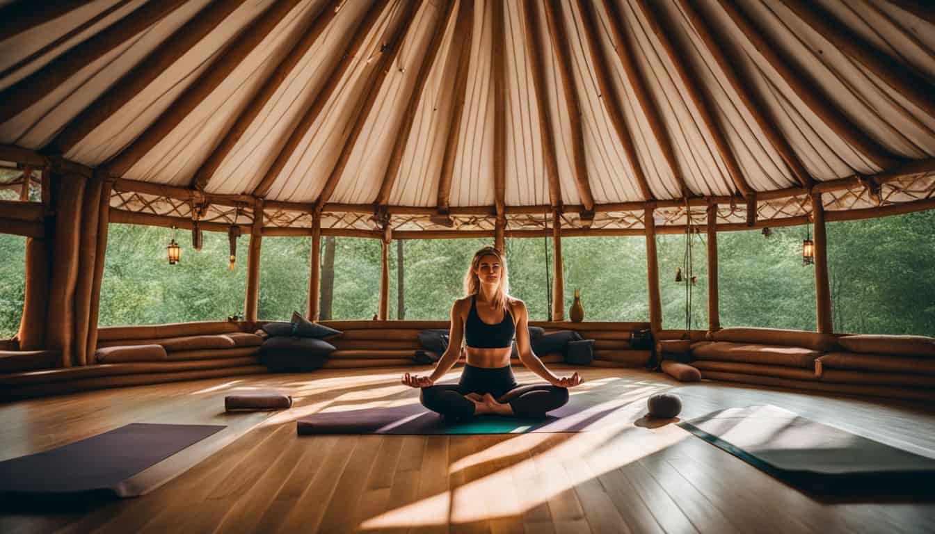 A woman practices yoga in a sunlit yurt surrounded by lush greenery.