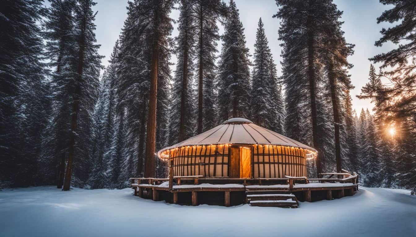 An intricate wooden yurt in a snowy forest landscape.