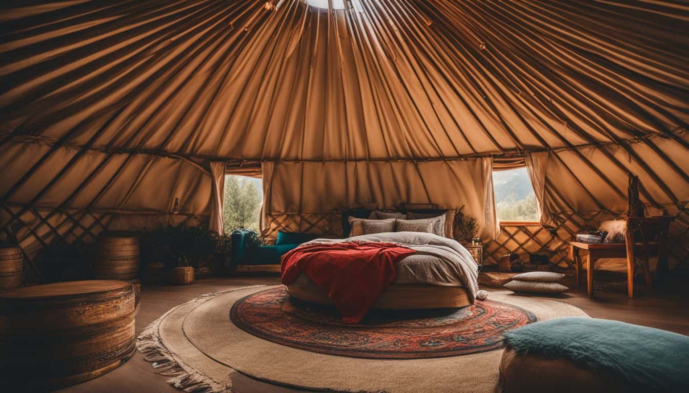 A serene countryside setting with an empty yurt surrounded by natural beauty.