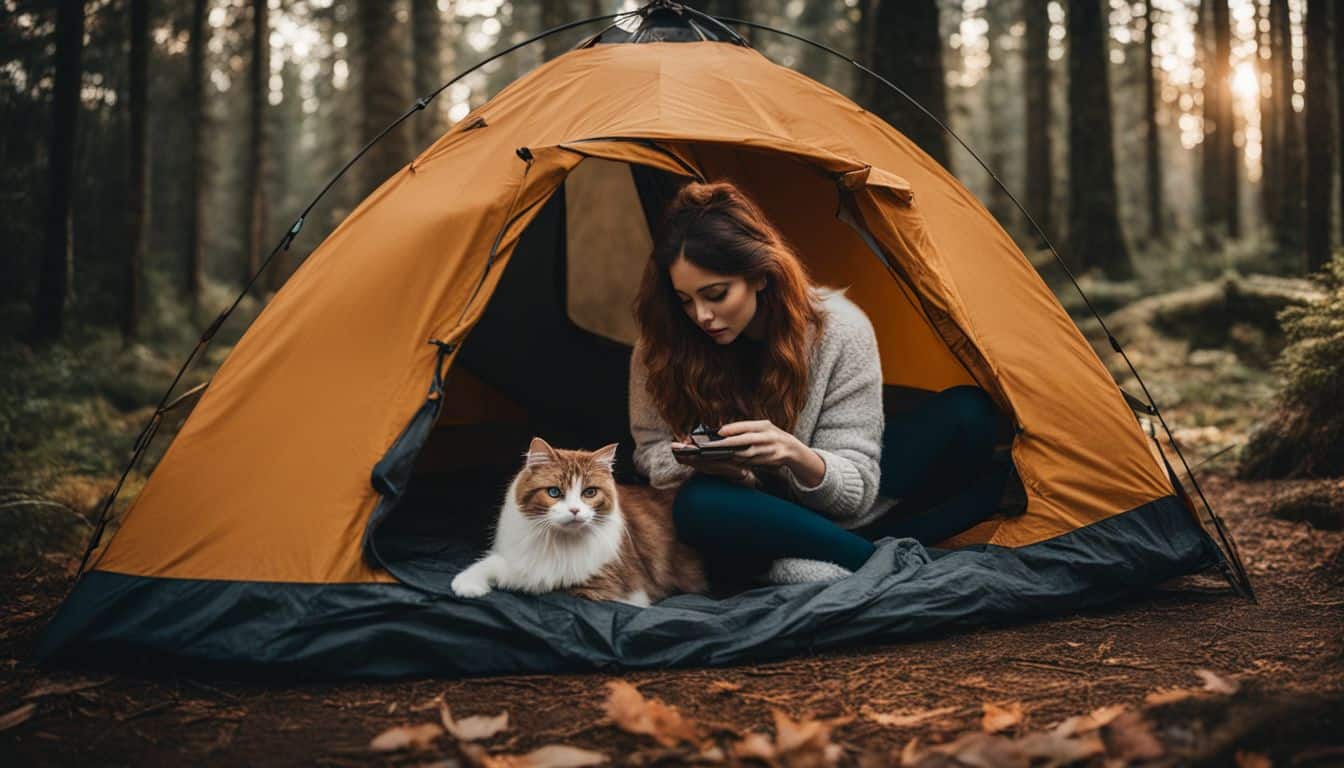 A person setting up a cozy tent in the forest with their cat.