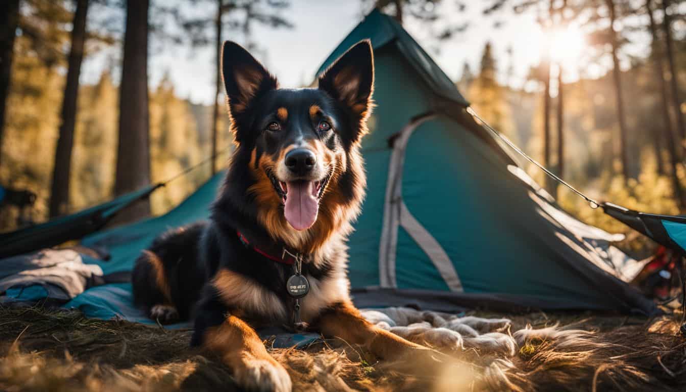 A happy dog enjoying a cozy camping tent surrounded by essential gear.