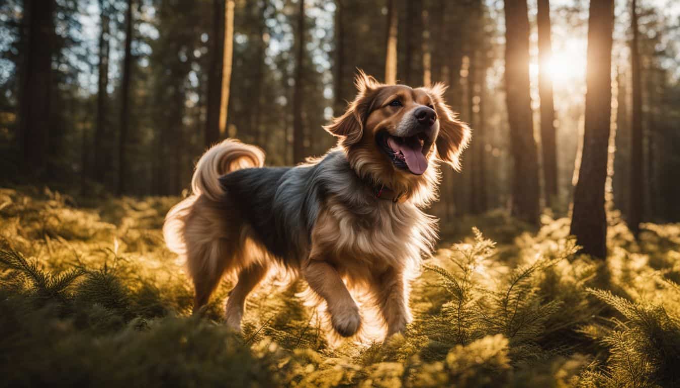 A joyful dog plays in a sunny forest clearing in a bustling atmosphere.