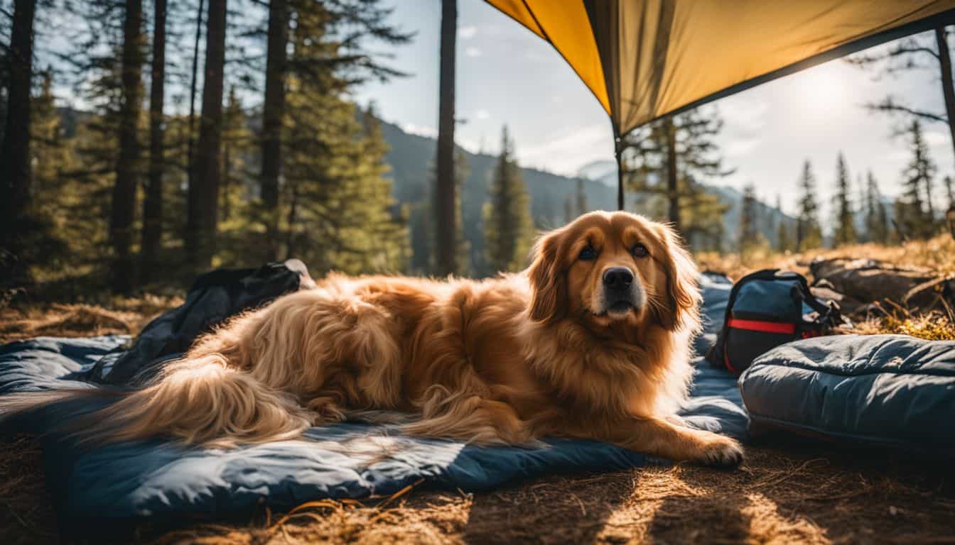 A dog lounges in a cozy campsite with essential camping gear.