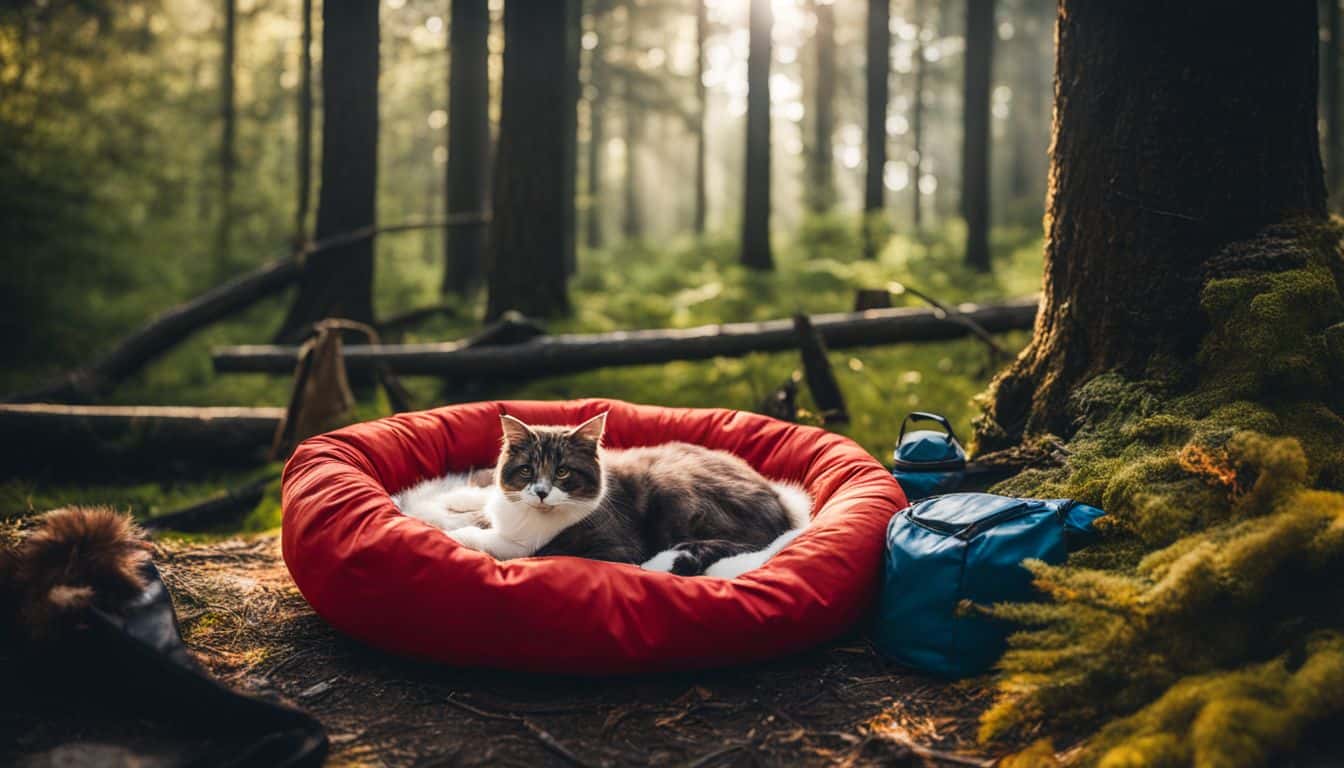 A cozy cat bed surrounded by camping gear in a peaceful forest setting.