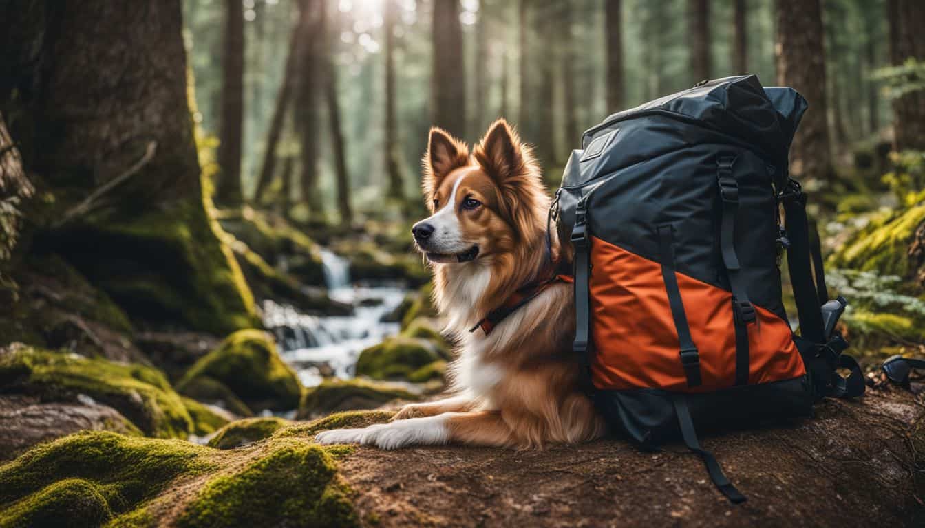 A dog sitting by a backpack in a forest clearing.