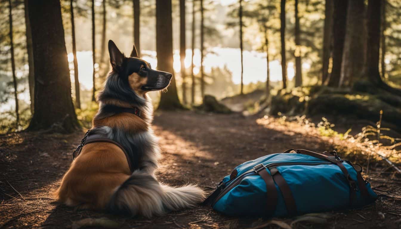 A dog patiently waits by a packed camping bag in lush forest.