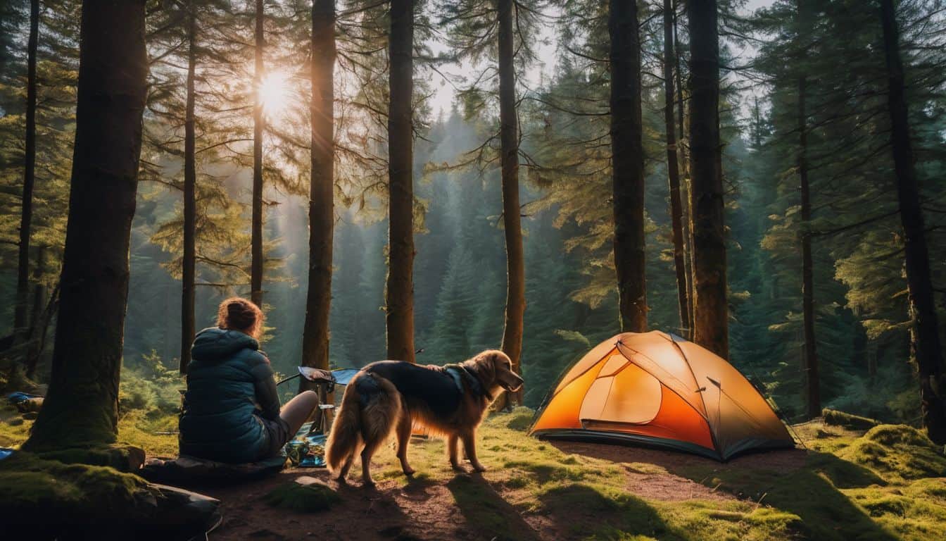 A person and their dog enjoying a peaceful camping trip in the woods.