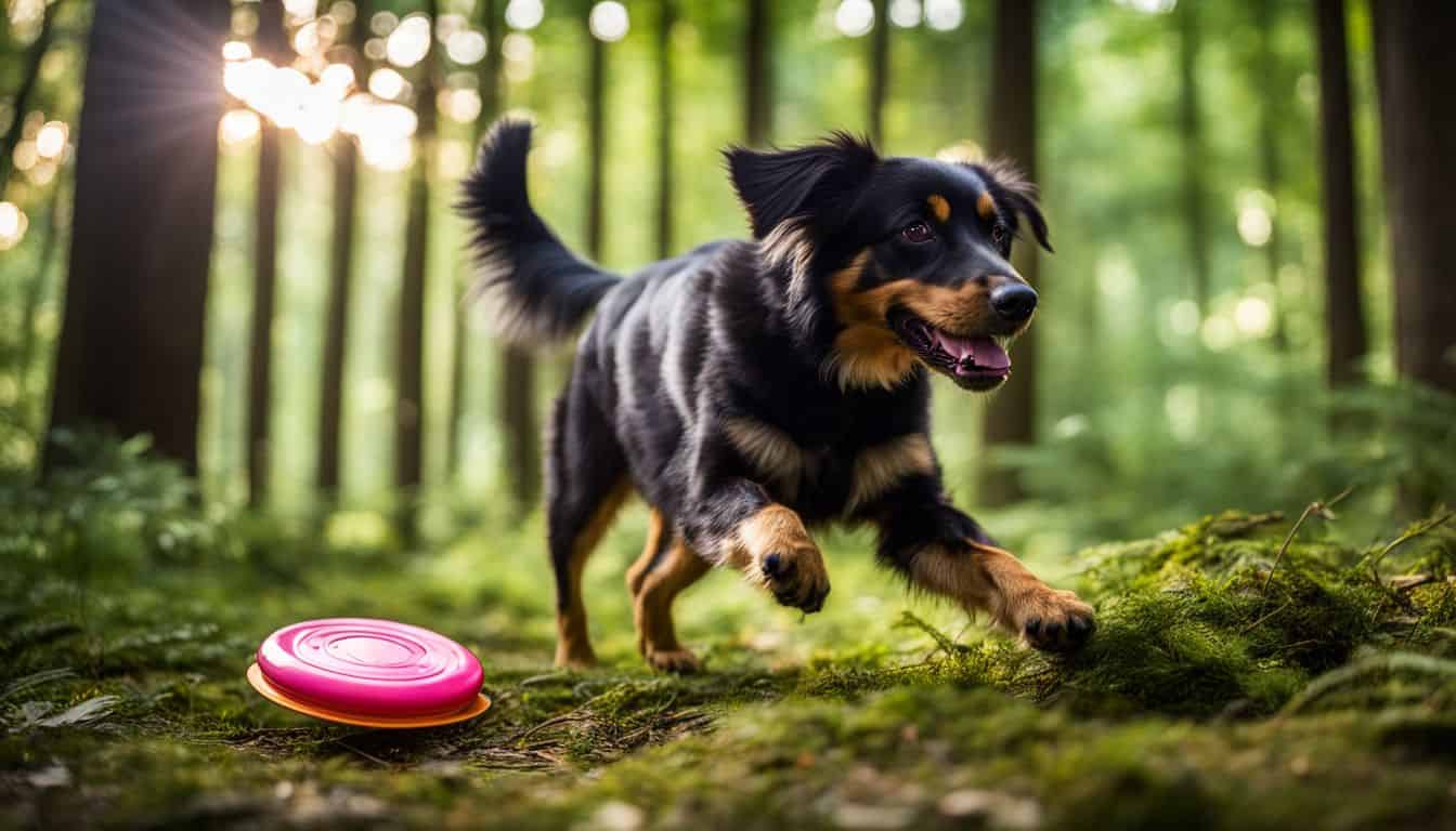 A dog playing with a frisbee in a lush forest clearing.