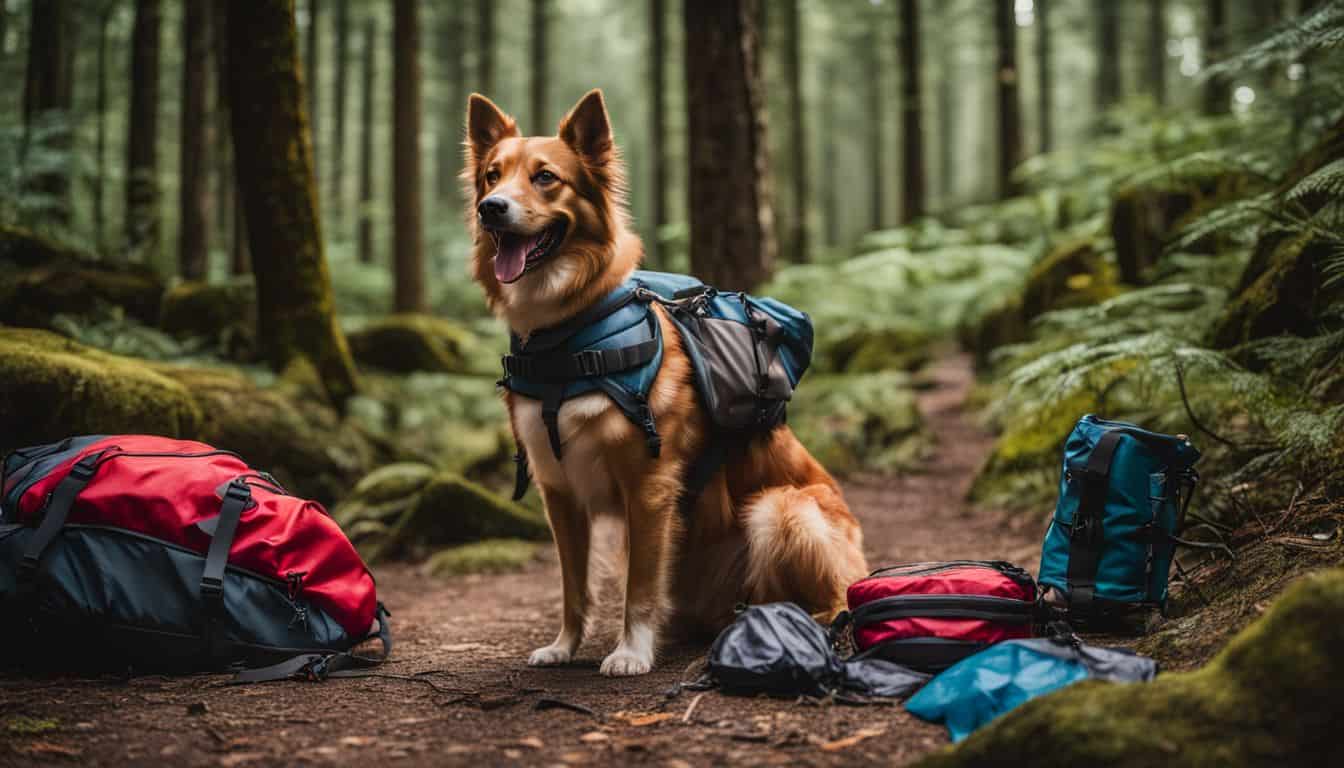 A happy dog in a backpack carrier surrounded by camping gear in a lush forest.