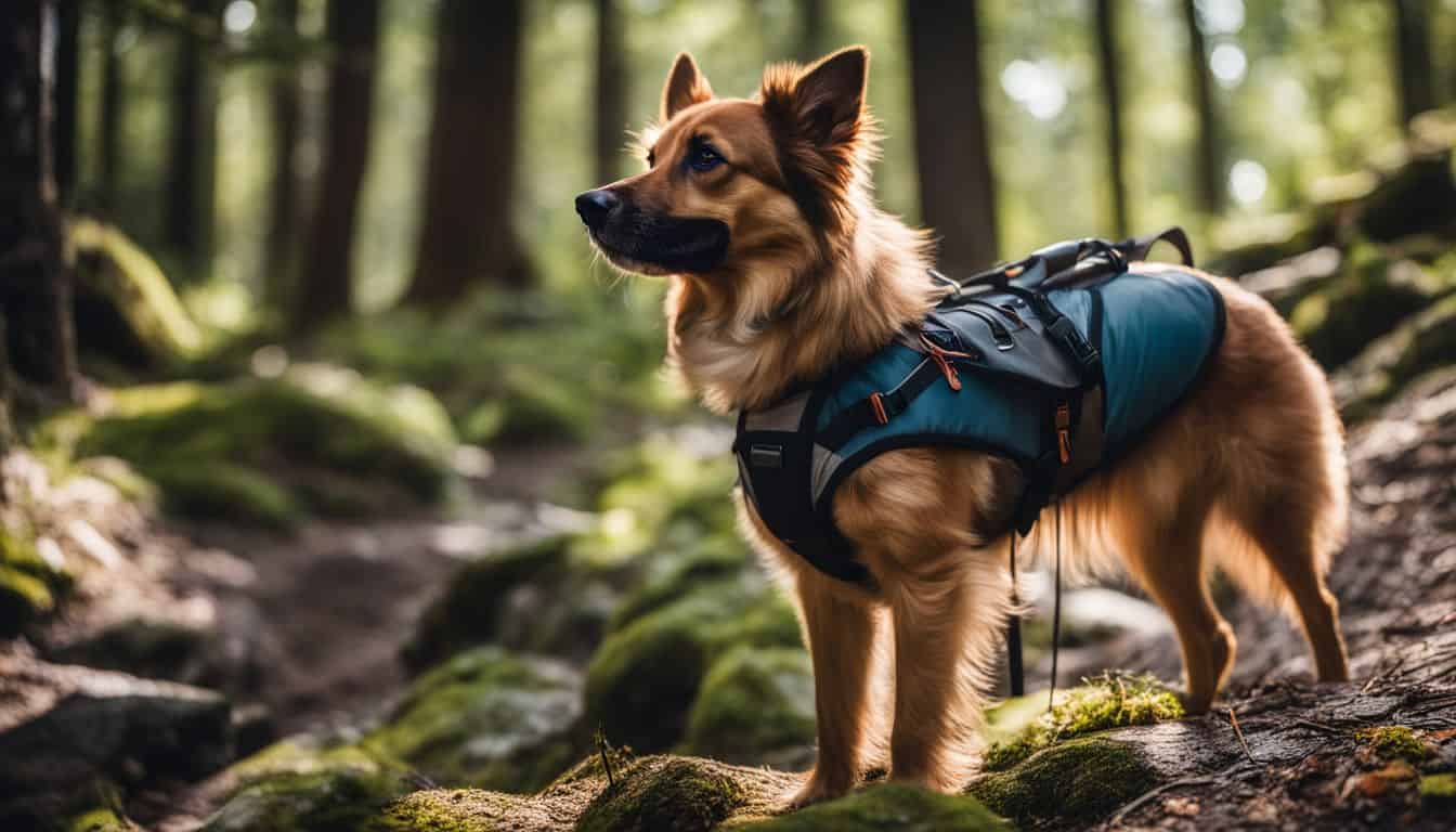 A dog wearing hiking gear stands in a forest.
