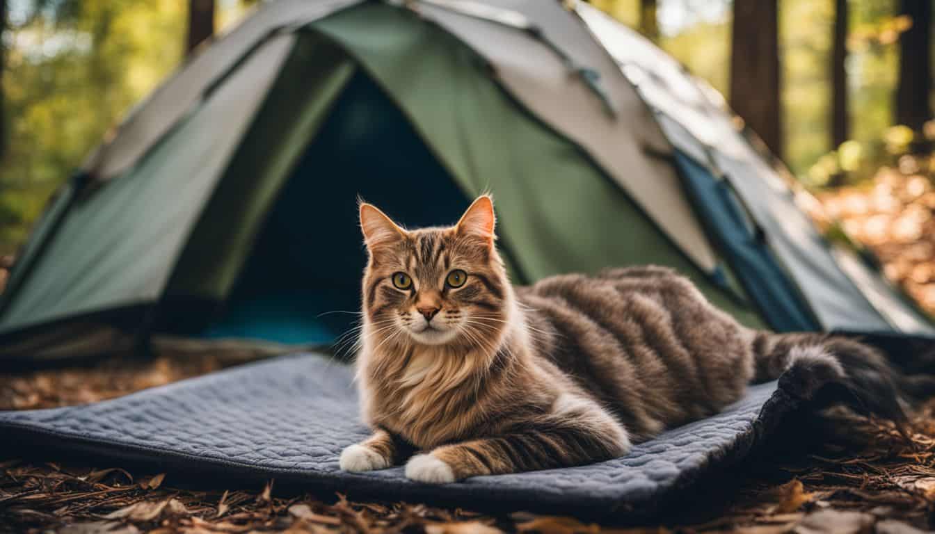 A cat lounging on a camping mat in a wooded campsite.