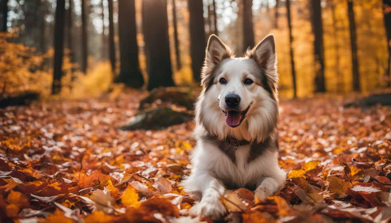 A dog plays in colorful autumn leaves at a campsite.
