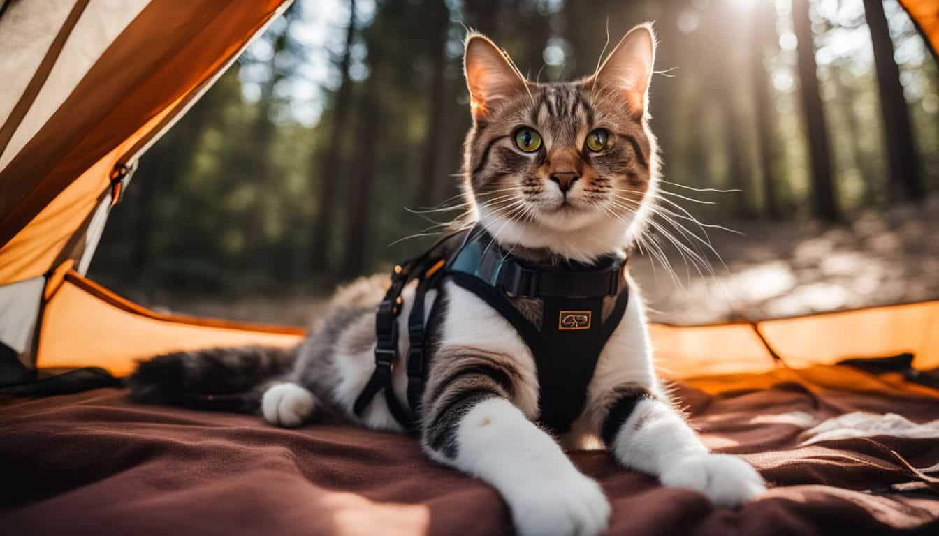 A cat wearing a harness sits calmly in a camping tent.