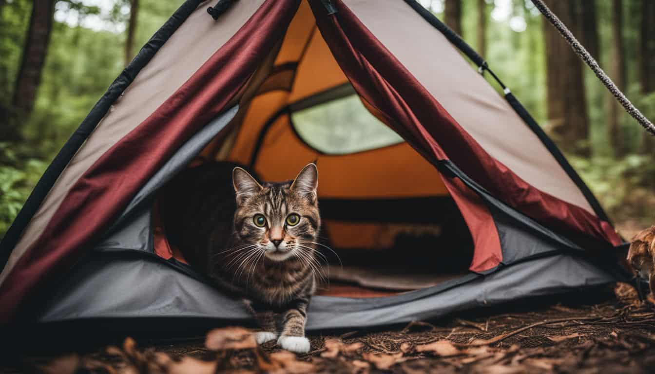 A cat exploring a cozy tent in a lush camping site.