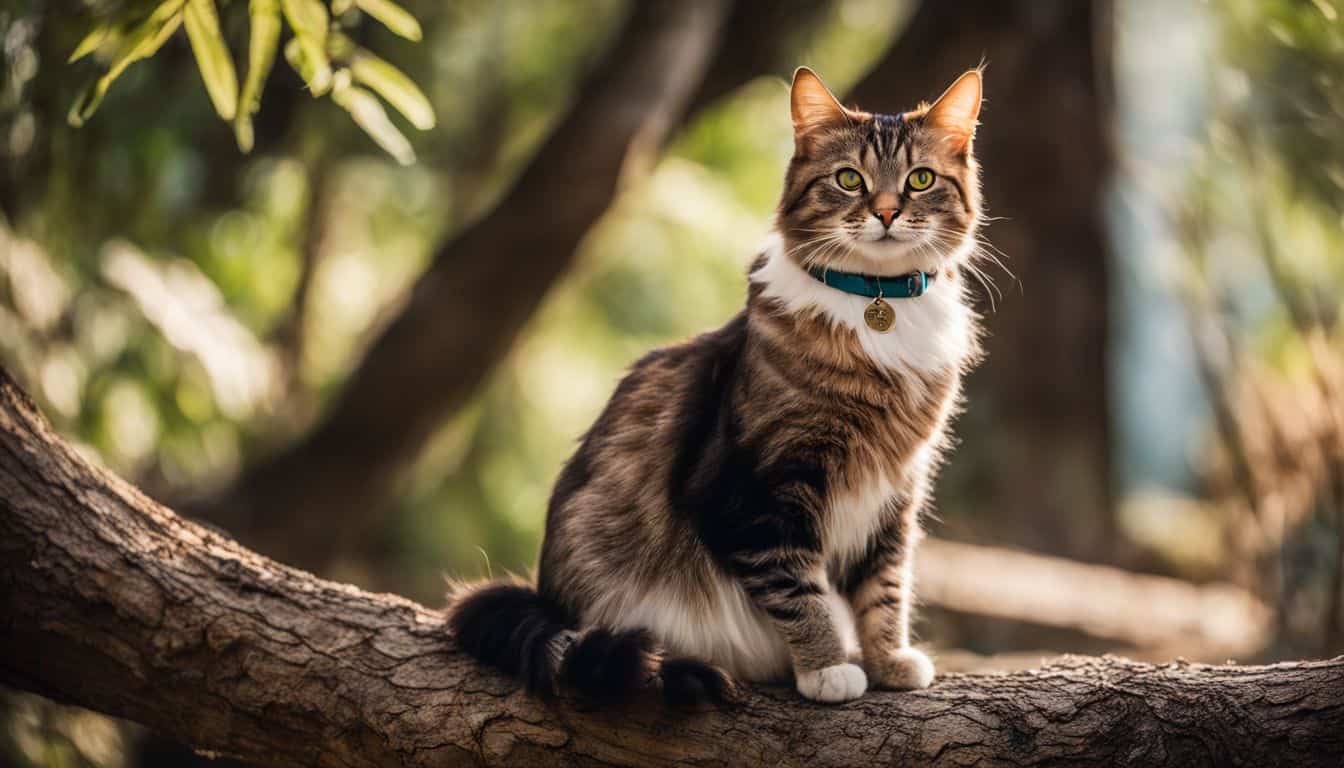 A cat wearing a collar and tag sits on a tree branch.