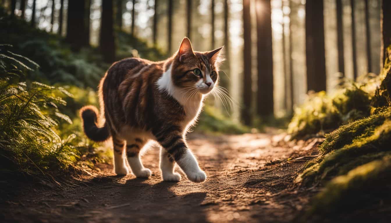 A confident cat walks on a forest trail surrounded by tall trees.