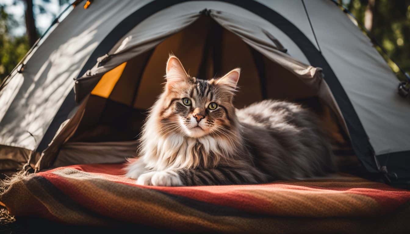 A cat lounging comfortably inside a tent surrounded by nature.