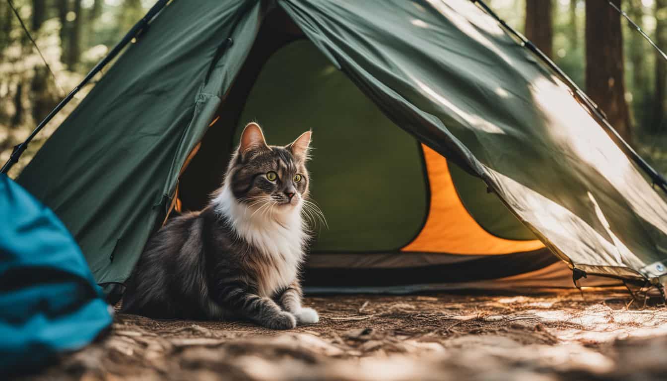 A cat and its owner explore a camping tent in the wilderness.