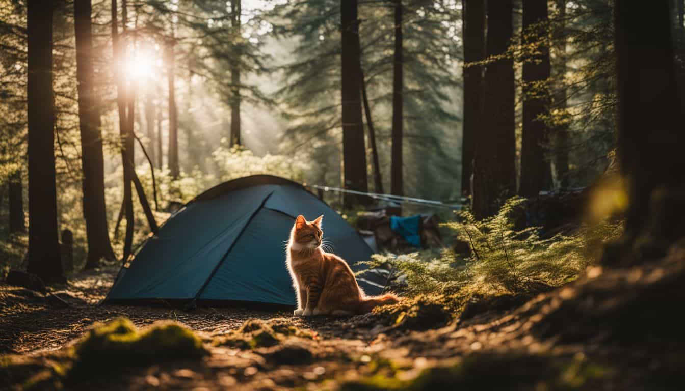 A cat explores a campsite in the woods surrounded by nature.