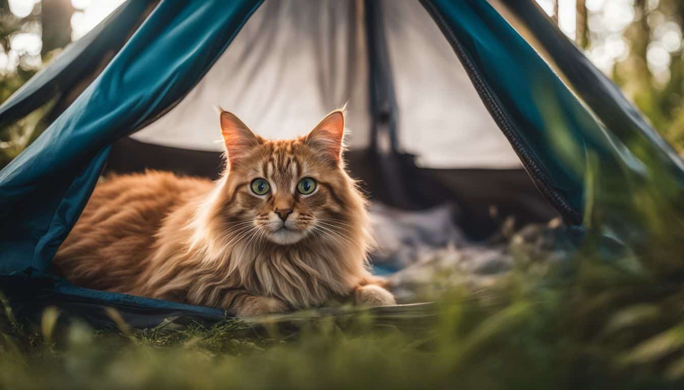 A cat relaxing in a cozy tent surrounded by nature.