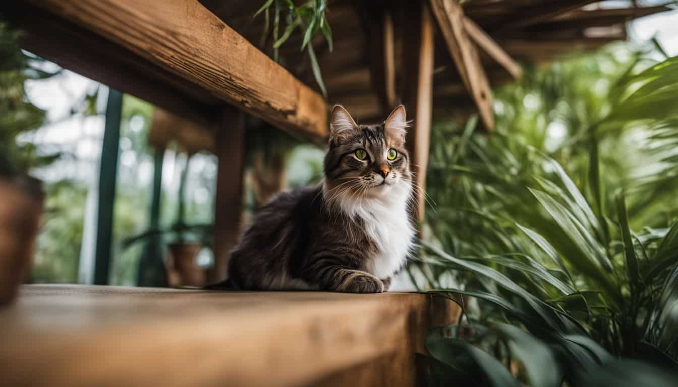 A cat exploring a cozy outdoor shelter surrounded by lush greenery.