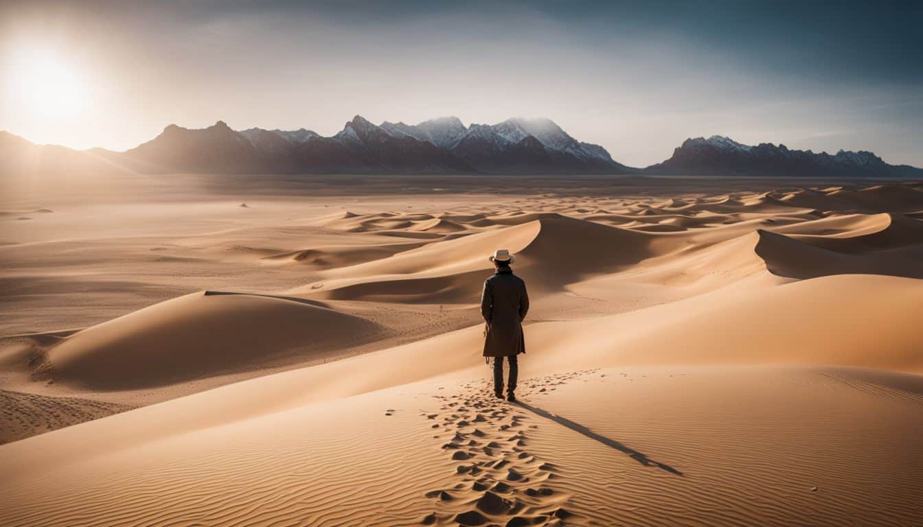A lone traveler standing in a vast desert surrounded by shifting sand dunes.