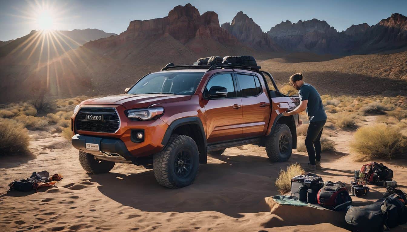 Setting up a desert campsite with a rugged off-road vehicle.