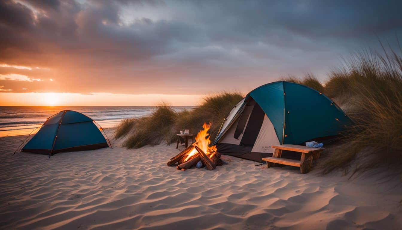 A vibrant campsite with tents, a campfire, and sandy dunes.