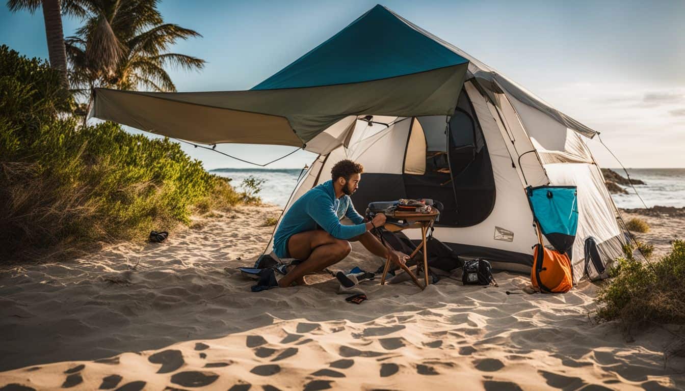 A beach camper sets up a tent against ocean breezes.