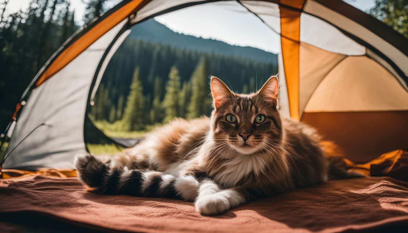 A cat lounges inside a spacious camping tent with a serene outdoor view.