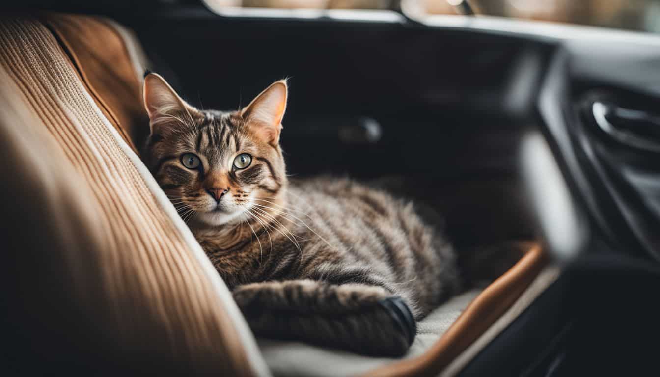 A content cat lounging in a carrier in a peaceful car.