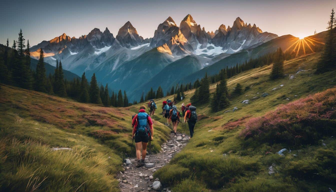 A group of hikers trekking through a scenic mountain trail.