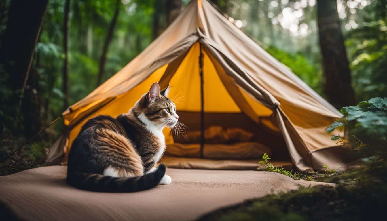 A cat lounges in a cozy tent surrounded by lush forest.