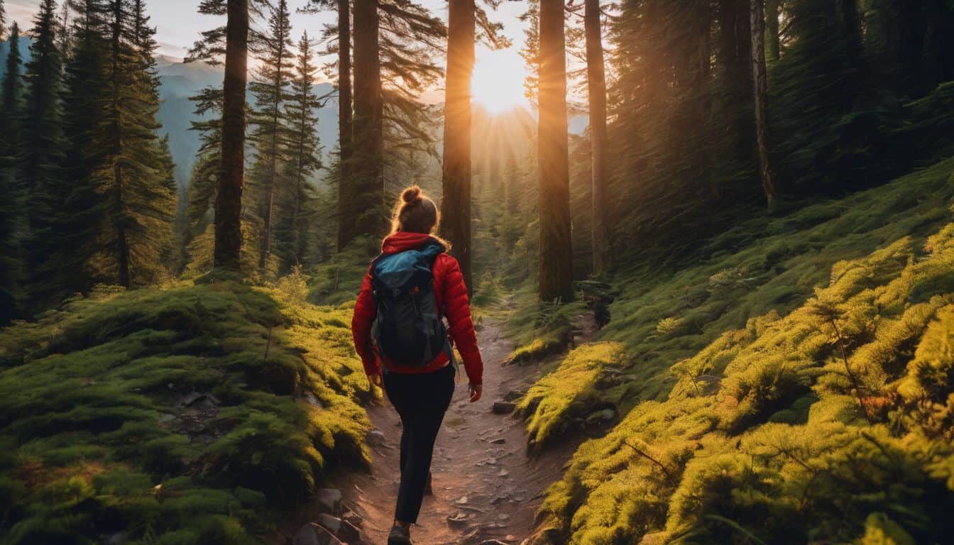 A person hiking through a mountain forest trail at sunset.