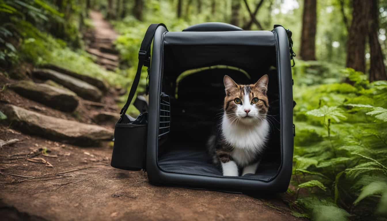 A sturdy cat carrier on a hiking trail surrounded by lush greenery.