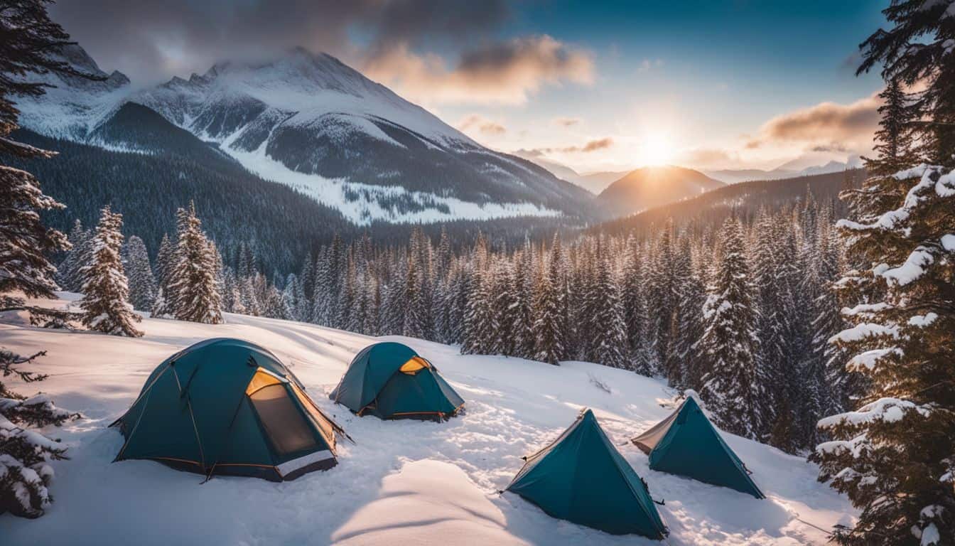 A snowy winter campsite with a glowing tent among snow-capped trees.