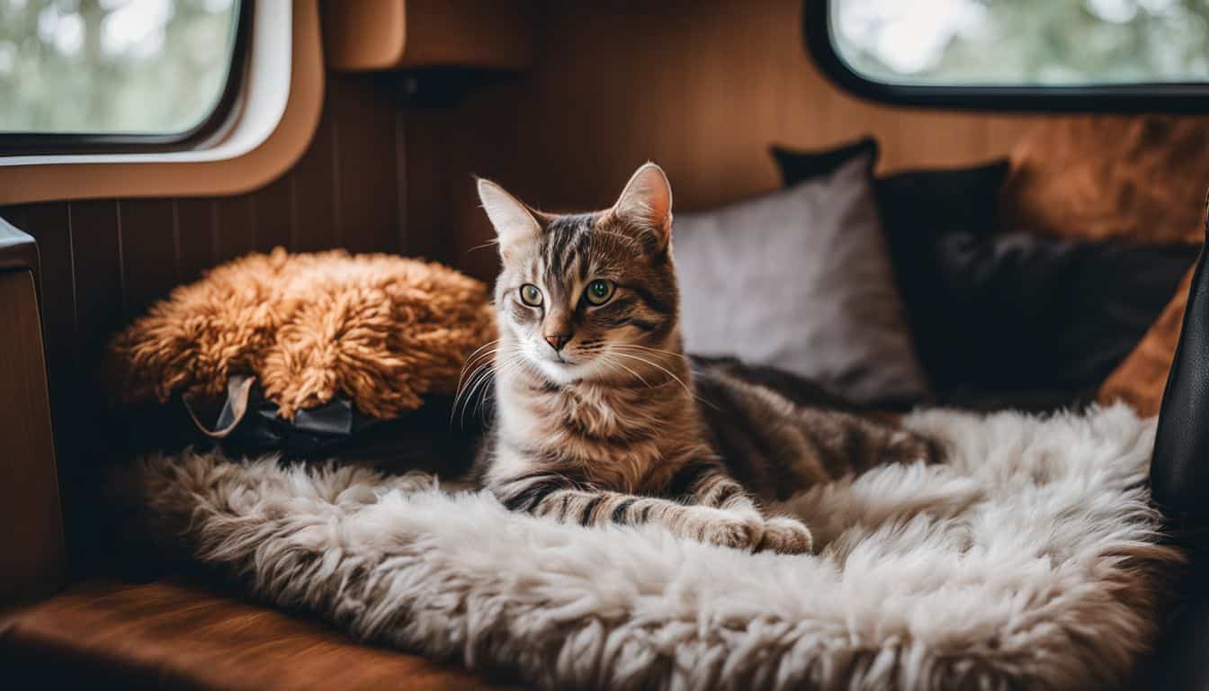 An RV interior with a cozy cat bed and toys.