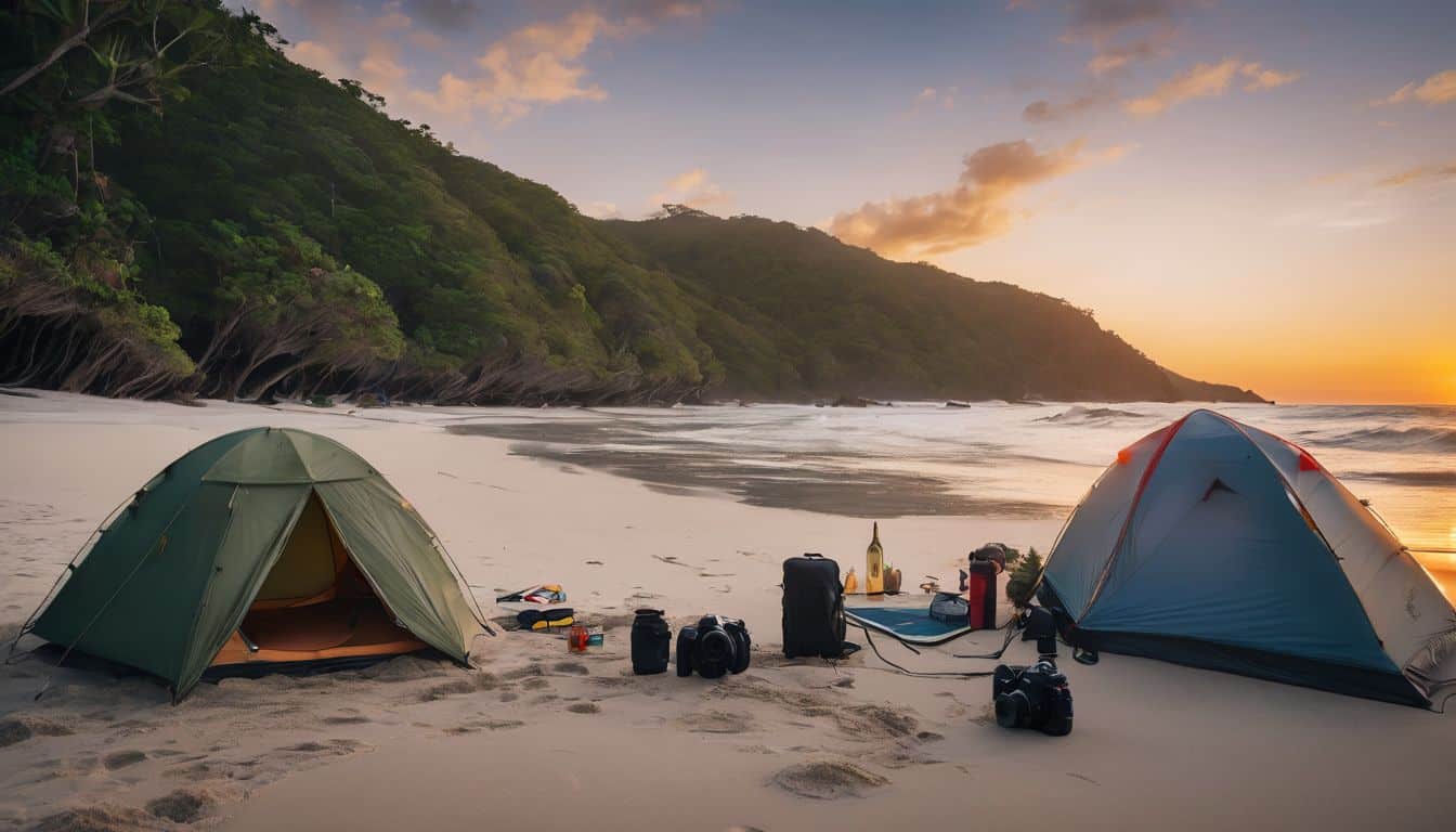 A person setting up a tropical beach campsite with essential gear.