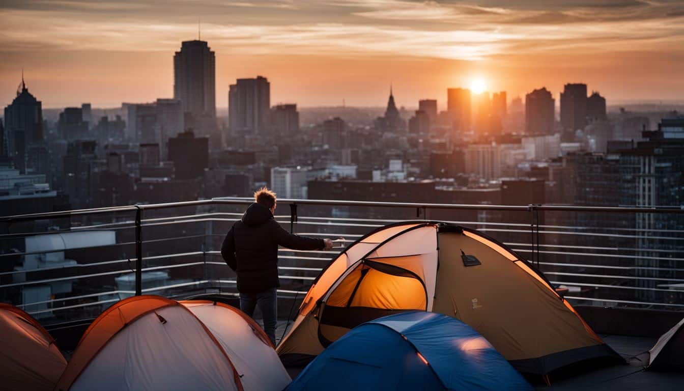 A person setting up a tent on a city rooftop at sunset.