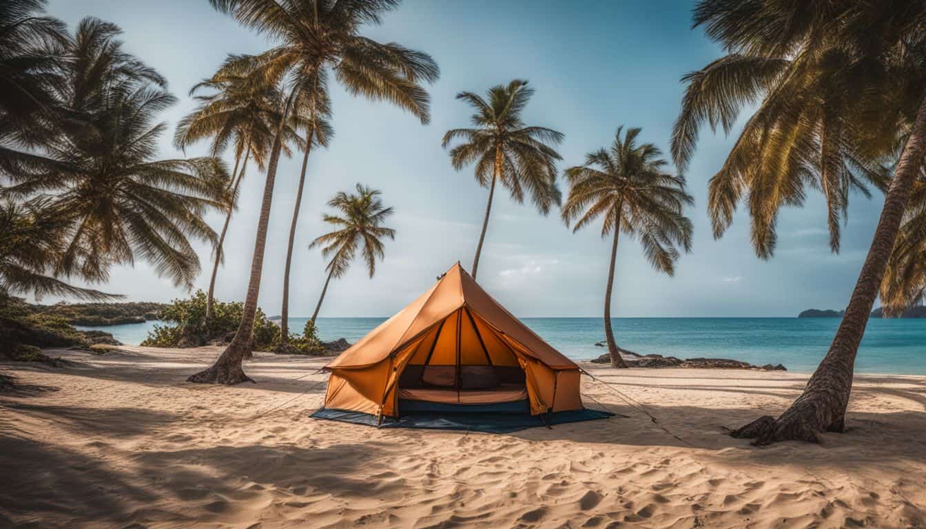 A tranquil beach scene with a tent pitched under palm trees.