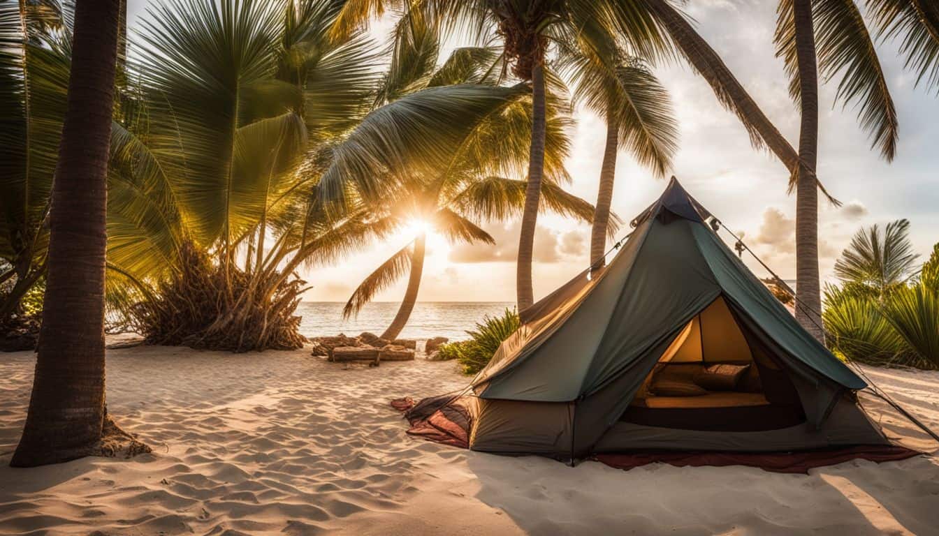 'A cozy tent on a tropical island beach surrounded by palm trees.'