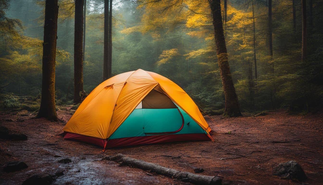 A colorful camping tent set up in the rainy woods with people.