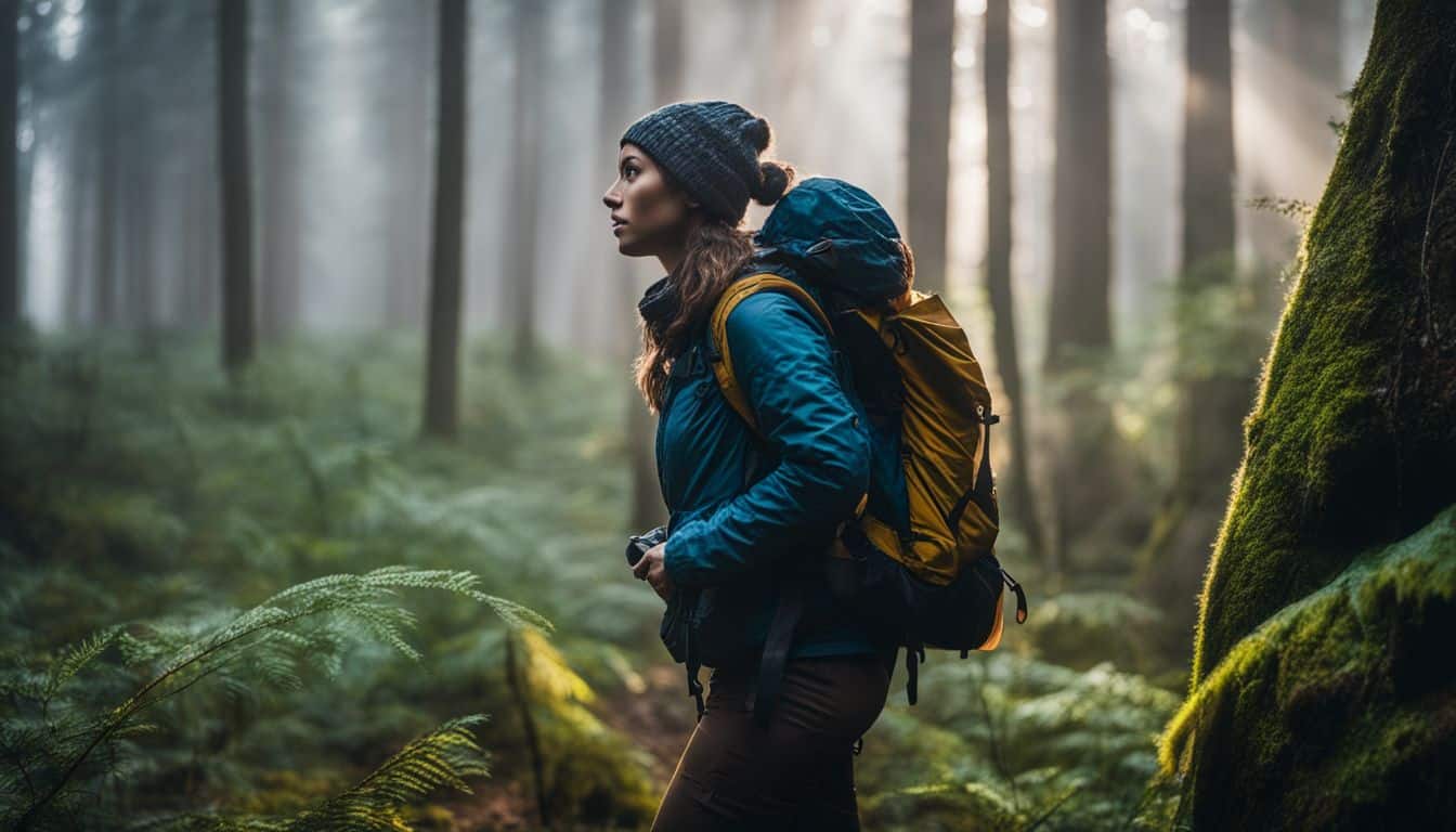 A hiker in waterproof gear stands in a misty forest.