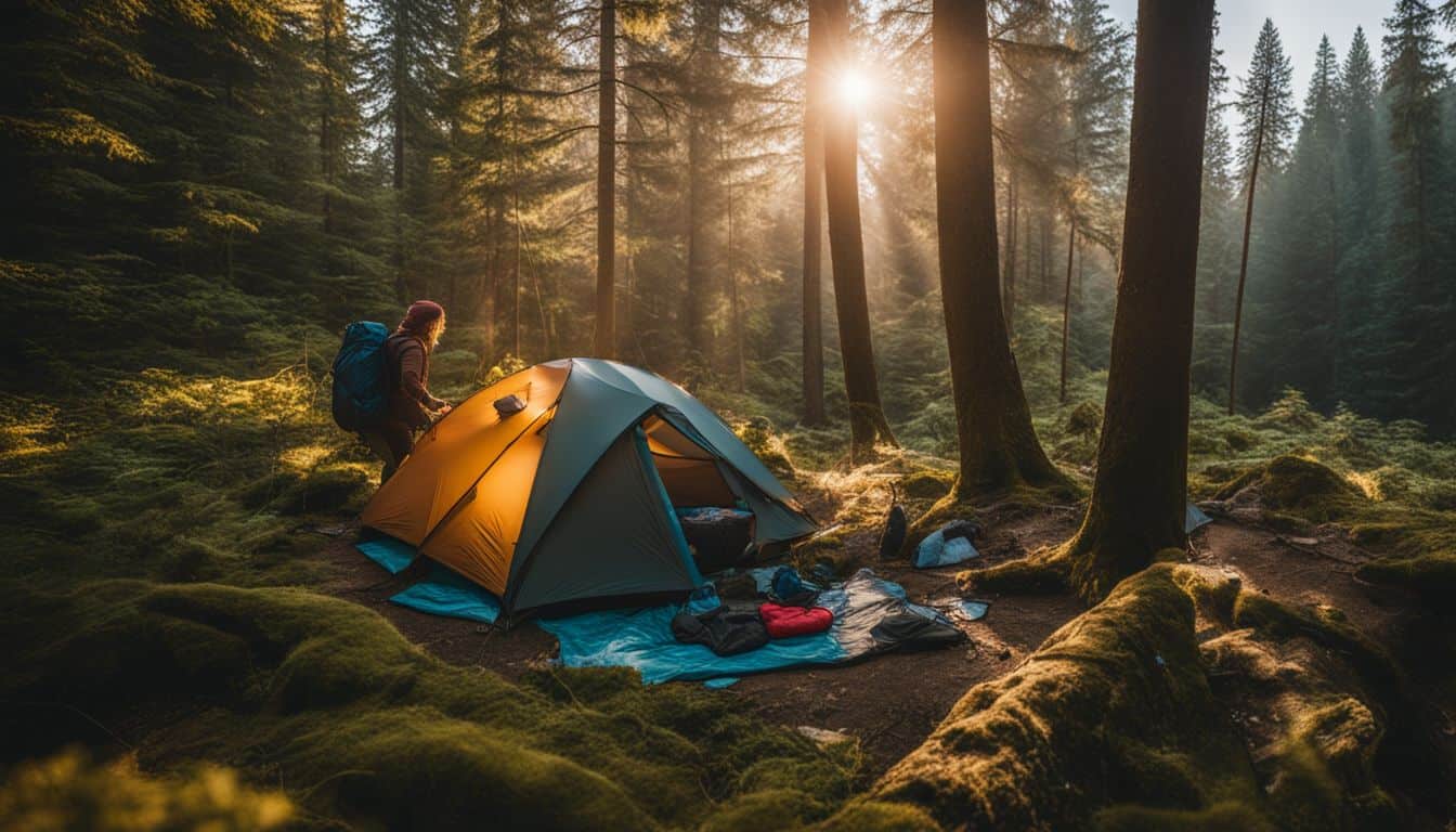 A hiker setting up a minimalist campsite in a serene forest.